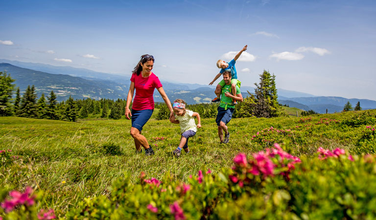 Eltern mit kleinen Kindern auf grüner Wiese beim Wandern in der Region Murau in der Steiermark in Österreich