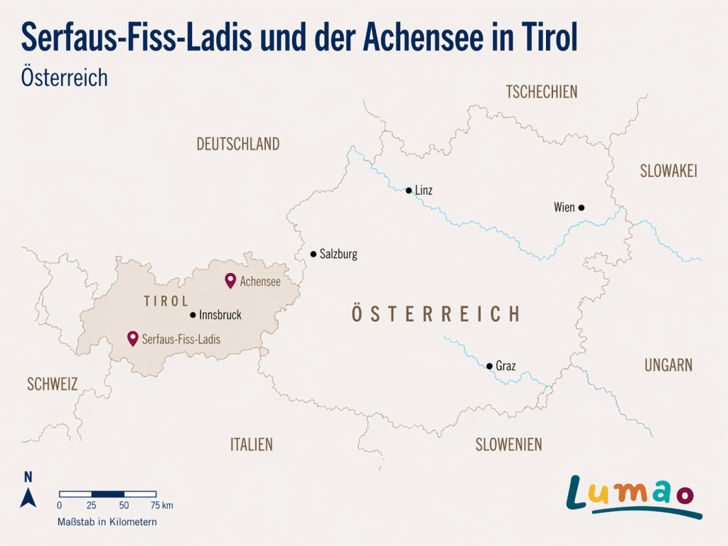 Österreich-Karte, hervorgehoben sind zwei Regionen in Tirol: Serfaus-Fiss-Ladis und der Achensee