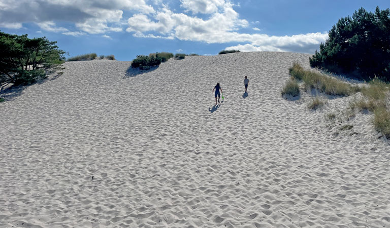 Kinder haben Spass auf der riesigen Sanddüne von Dueodde auf der dänischen Insel Bornholm.