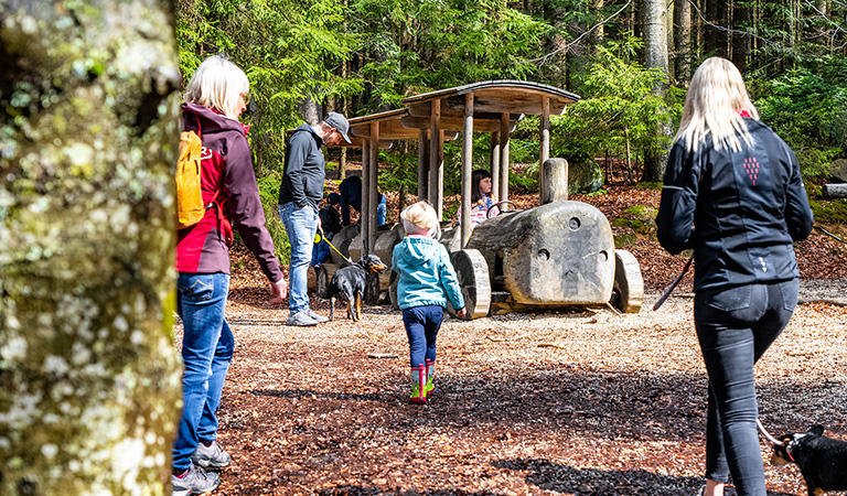 Perfekt für eine Rast beim Wandern mit Kindern: der Waldspielplatz in Spiegelau mit Holzlok und vielen weiteren Spielgeräten.