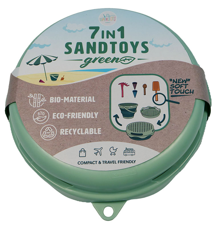 Das faltbare Sandspielzeug-Set von der Firma Schildkröte in seiner kleinen Verpackung als Produktbild.