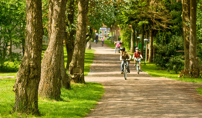Kinder auf Fahrradtour rund um den Ferienpark Geesthof in Niedersachsen in Deutschland.