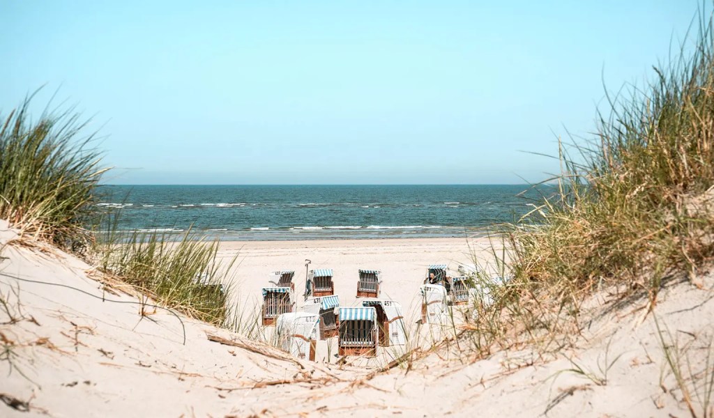 Blick aus den Dünen von Spiekeroog auf Strandkörbe, Strand und das Meer.